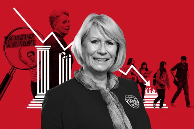 Alison Johns, departing CEO of Advance HE, with background showing crumbling university under financial pressure, Kathleen Stock and a pro-trans rights activist, and international students.