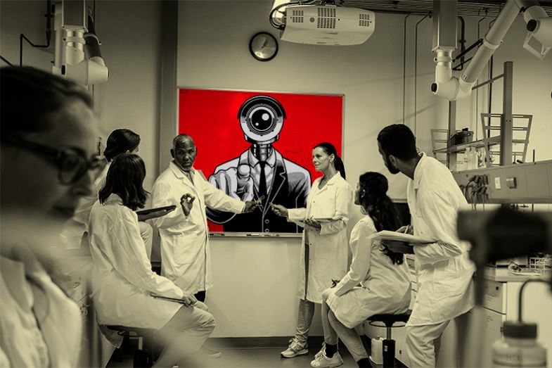 Big Brother-style totalitarian figure on a whiteboard watching scientists in a university laboratory. To illustrate the far right trying to control science. Big Brother-style totalitarian figure on a whiteboard watching scientists in a university laboratory. To illustrate the far right trying to control science.