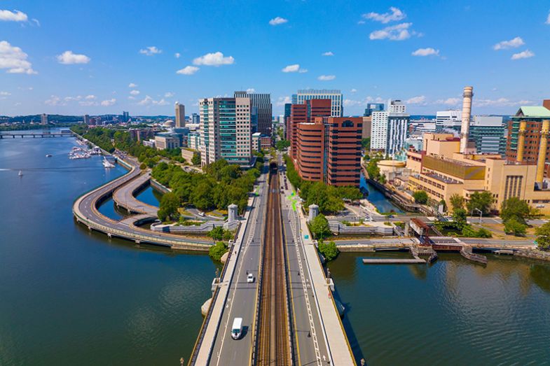 Cambridge Kendall Square skyline and Longfellow Bridge aerial view, Boston, Massachusetts, USA. Cambridge Kendall Square skyline and Longfellow Bridge aerial view, Boston, Massachusetts, USA.