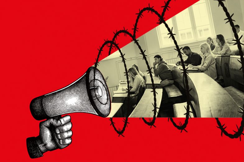 Megaphone with barbed wire coming out of it, wrapping around university students in lecture. To illustrate the far right trying to exploit free speech on campus. Megaphone with barbed wire coming out of it, wrapping around university students in lecture. To illustrate the far right trying to exploit free speech on campus.