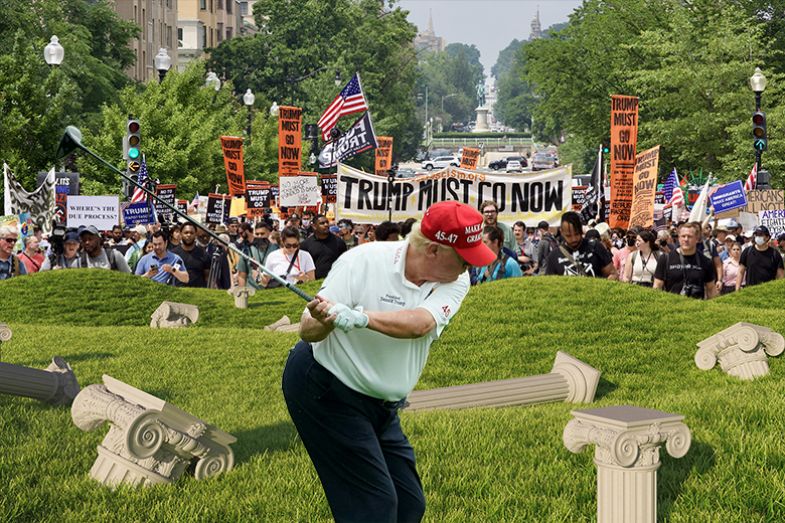 Donald Trump hitting university columns with a golf club, with crowd from the “No Kings” protest in Washington, DC, on 14 June 2025 in the background. To illustrate Trump’s attack on “woke” universities.