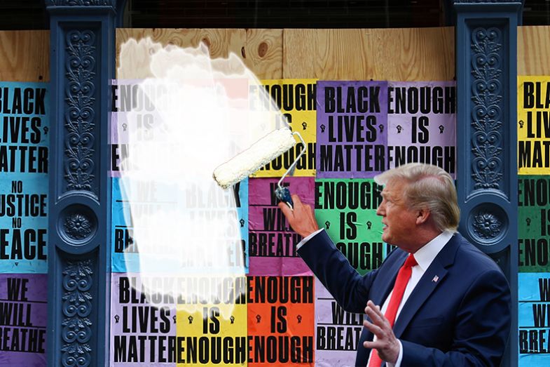 Donald Trump painting over Black Lives Matter posters. To illustrate the president’s attack on identity politics.
